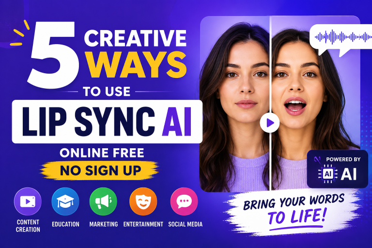 5 Creative Ways To Use Lip Sync AI Online Free No Sign Up A promotional graphic about five creative uses for free online lip sync AI, featuring a split image of a woman, icons for various uses, and bold text highlighting no sign up needed.